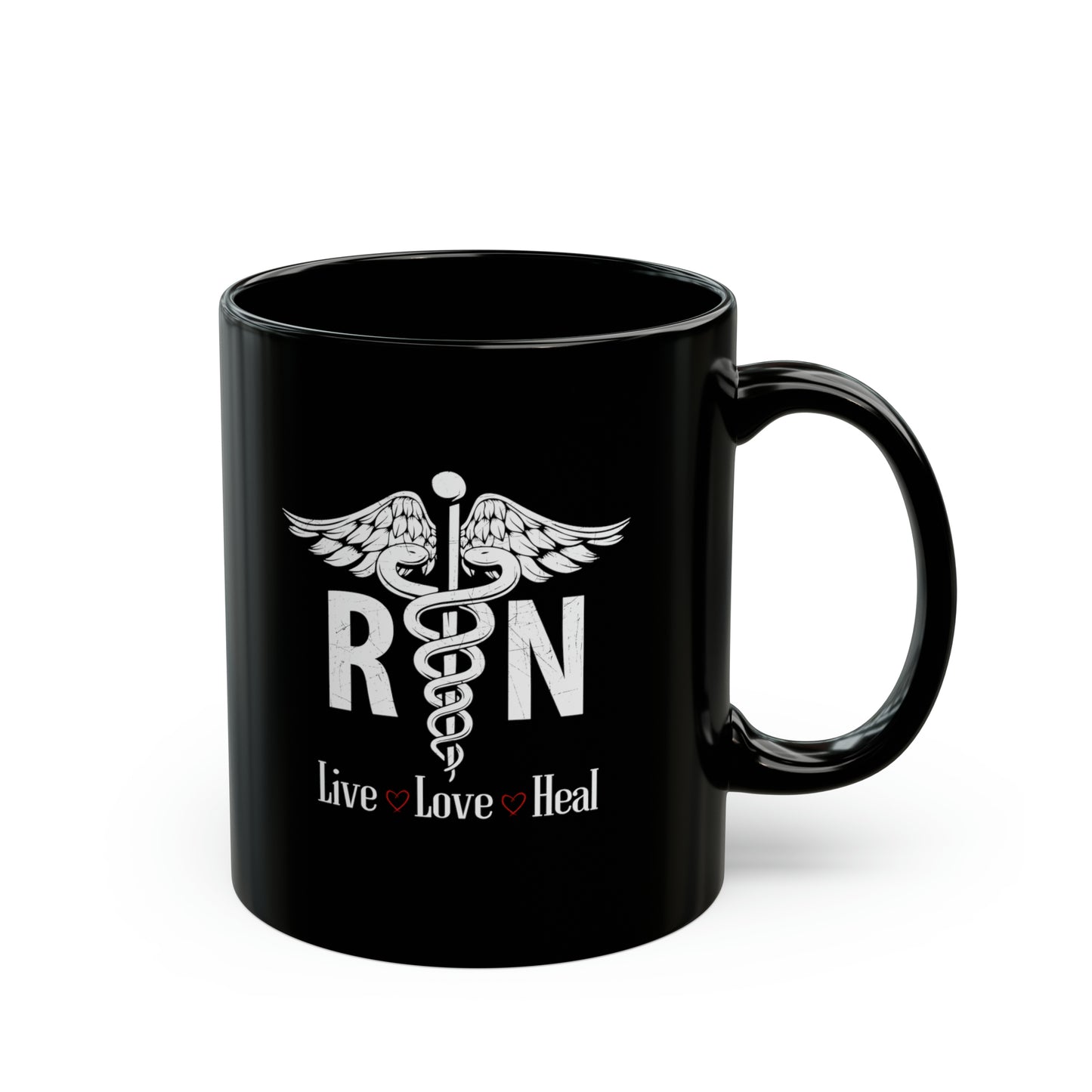 RN Live, Love, Hear Black Coffee Mug 11oz, Christian Gift for Nurse, Faith Gift, Inspiration, Motivational Gift