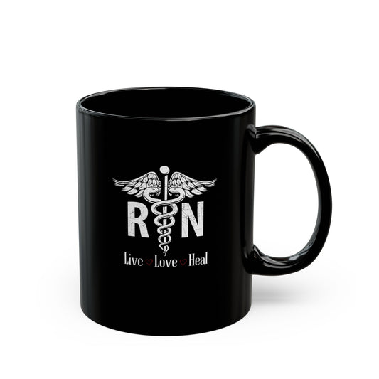 RN Live, Love, Hear Black Coffee Mug 11oz, Christian Gift for Nurse, Faith Gift, Inspiration, Motivational Gift