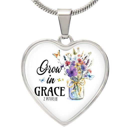 Personalized Grow In Grace Heart Pendant Necklace, With Optional Customizable Engraving, The Perfect Wedding, Birthday, or Anniversary Gift, Christian Gift, Faith Gift