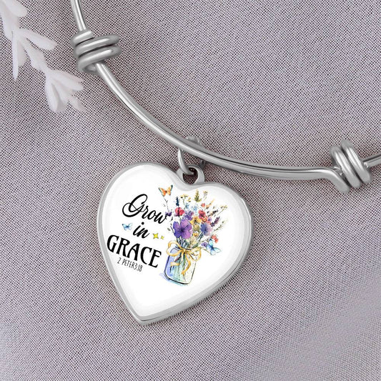 Personalized Grow In Grace Heart Bangle Bracelet, With Optional Customizable Engraving, The Perfect Wedding, Birthday, or Anniversary Gift, Christian Gift, Faith Gift